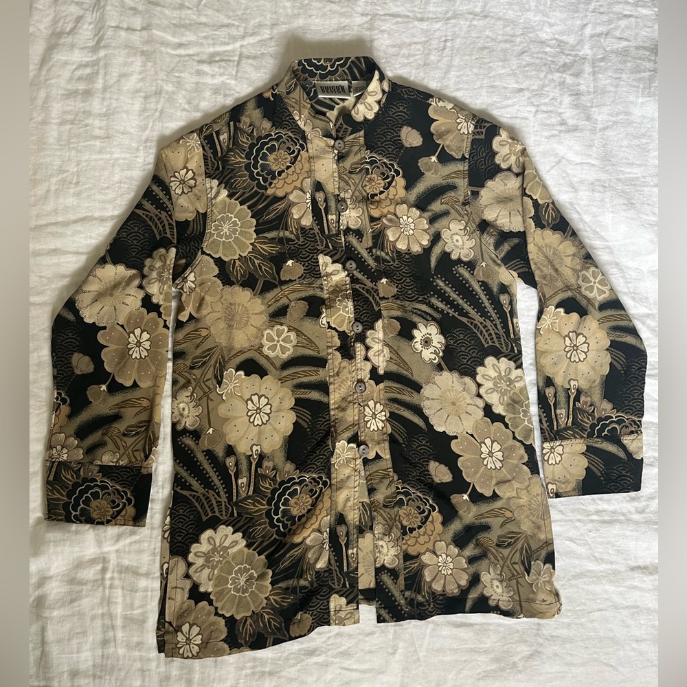 Chico's Design Womens 100% Silk Beige Asian Inspired Blouse Size 0 Small